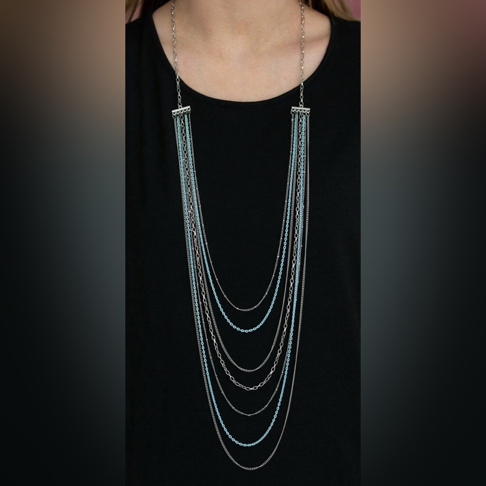 Blue & Silver Layered Chain Necklace & Earrings Set
